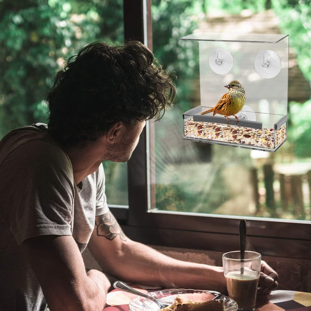 Outdoor Strong Suction Cups Bird Feeder Window Acrylic Hanging Bird House for outside Wild Birds Cardinal, Blue Jay, Finche, Chickadee (Flat Roof)