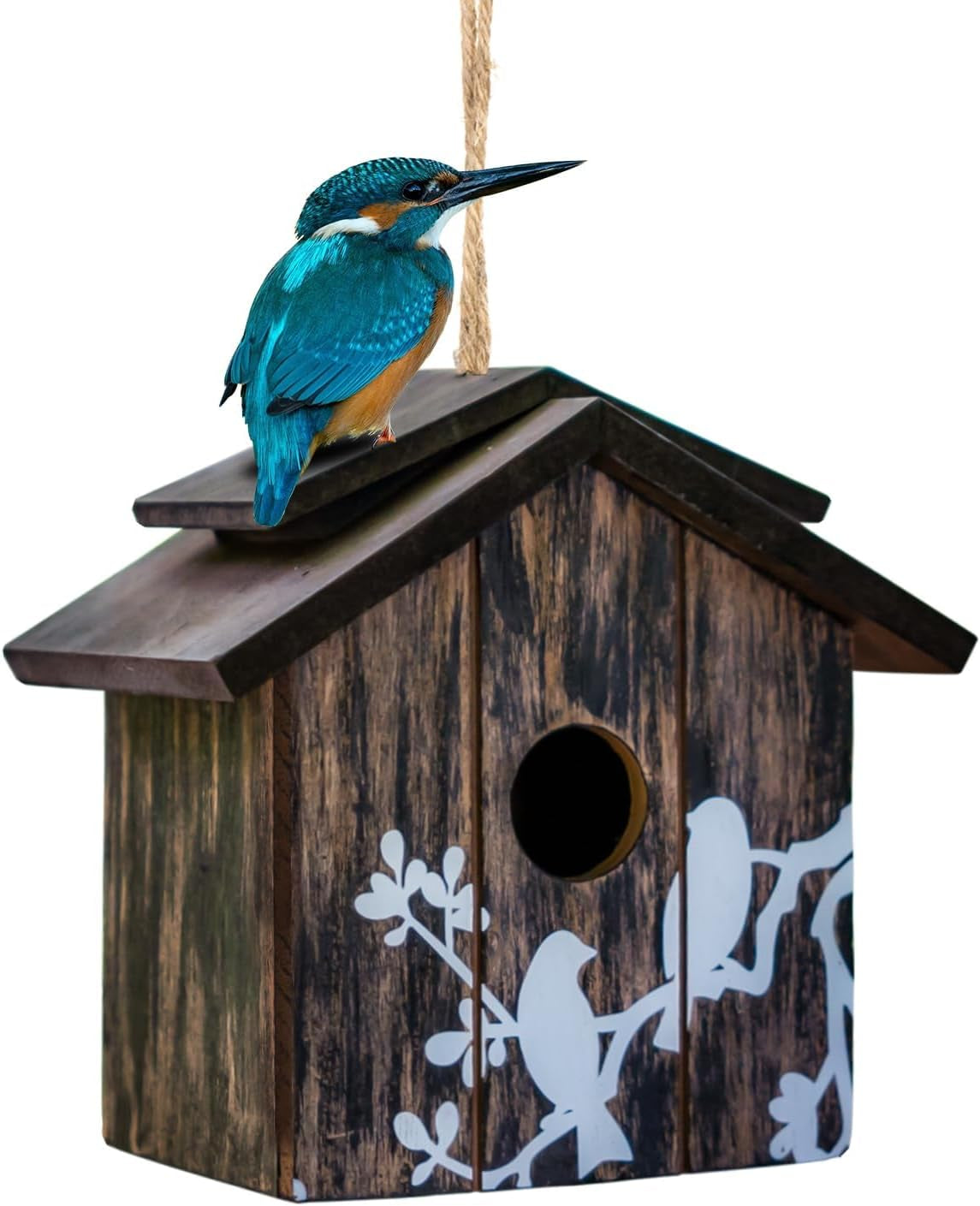 Wooden Bird House Hanging Outdoor,Eco Friendly Materials and Decorative with Bird Printed