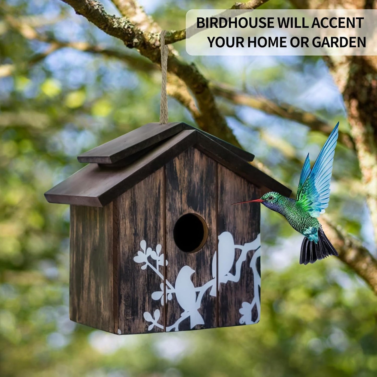 Wooden Bird House Hanging Outdoor,Eco Friendly Materials and Decorative with Bird Printed