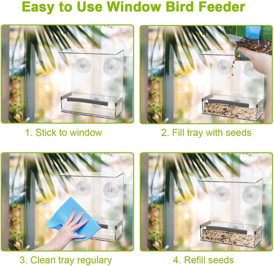 Outdoor Strong Suction Cups Bird Feeder Window Acrylic Hanging Bird House for outside Wild Birds Cardinal, Blue Jay, Finche, Chickadee (Flat Roof)