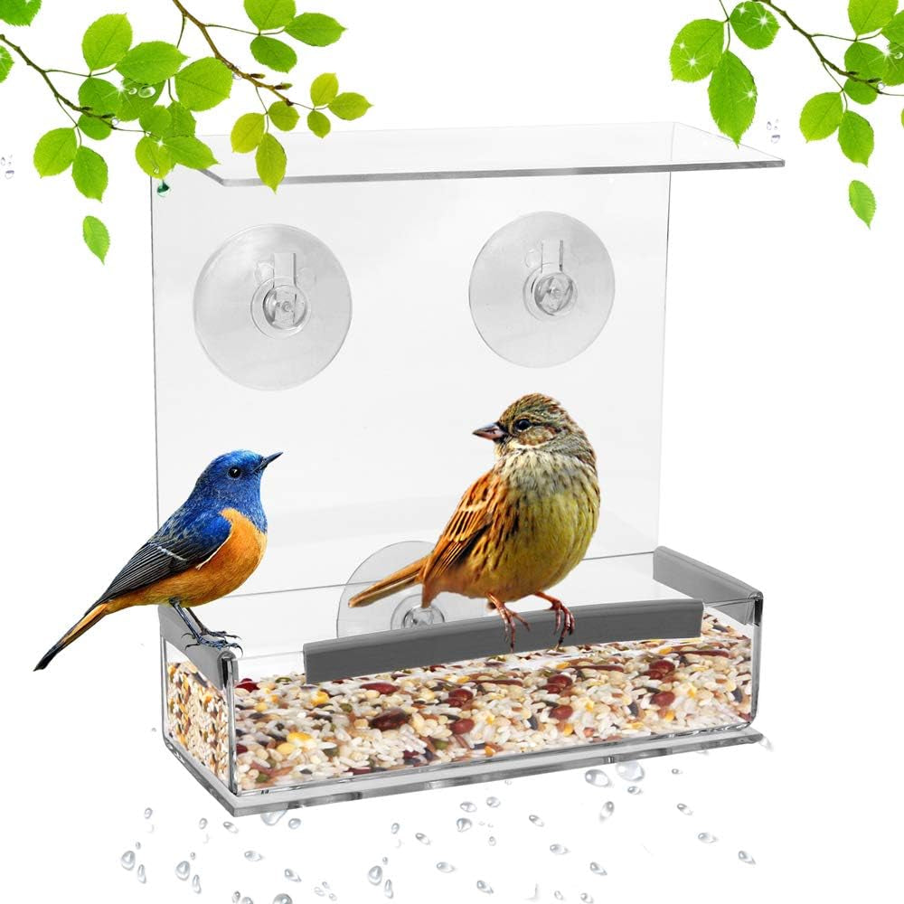 Outdoor Strong Suction Cups Bird Feeder Window Acrylic Hanging Bird House for outside Wild Birds Cardinal, Blue Jay, Finche, Chickadee (Flat Roof)